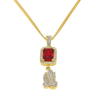 China HipHop Hiphop Iced Out Crystal Zinc Alloy Gold Plated Jewelry Praying Hands Pendant Necklace for sale