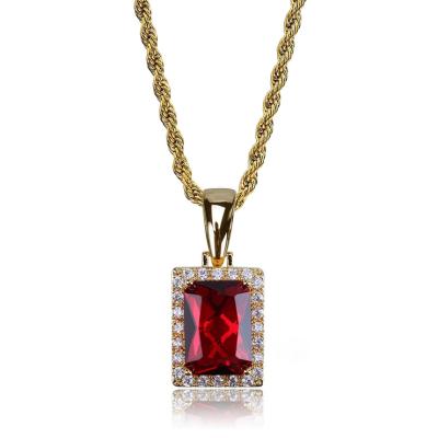 China Wholesale HipHop hiphop CZ copper crystal gold plated red gemstone pendant necklace for sale