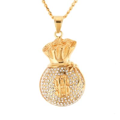 China Hip Hop Hip Hop Iced Out Zinc Alloy Crystal Gold Plated Money Bag Pendant Necklace for sale