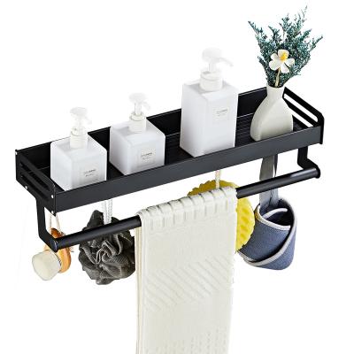 China Wall Mounted Type New Design Wall Mount Aluminum Black Color Shower Shelf With Single Towel Rack Bathroom Shelf Bath Shelf With Hooks for sale