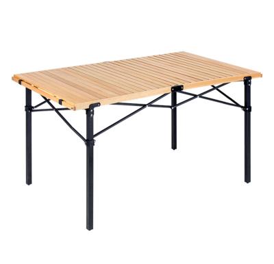 China Factory direct natural color iron weave roll table solid wood foldable camping table for outdoor for sale