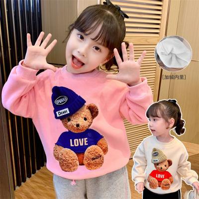 China 2021 autumn and winter children's clothing girls sweater cotton soft plus velvet round neck small a bear print upper neck fashion for sale