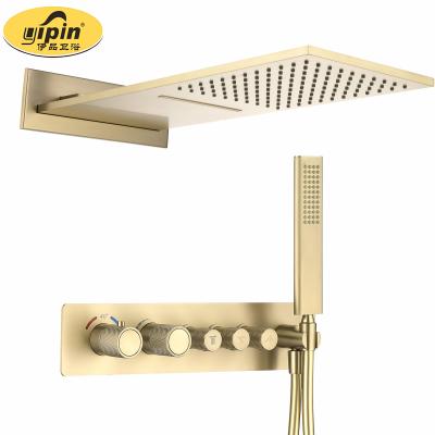 China Without Sliding Bar Simple Shower Installation Set Brass Concealed Gold Brushed Thermostatic Shower On The Wall for sale