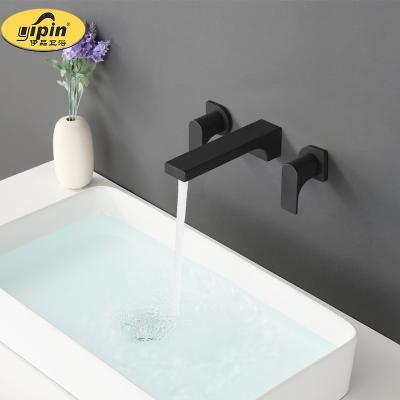 China Metered Faucets Tops For Sale Modern Faucets In-Wall Dual Outlet Basin Tangled Double Handle Basin Faucet Black for sale