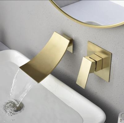 China New Design Single Handle Brass Hot Metered Cold Water Basin Taps Gold Waterfall Basin Mixer Taps for sale