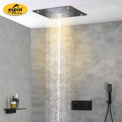 China Barless Thermostatic Bathroom Concealed LED Shower Mixer Set Large Rainfall Waterfall Ceiling Shower Faucet Black With Spout Jets for sale