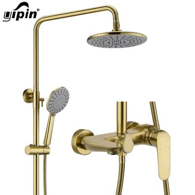 China Without Slide Bar Top-end Exposed Wall Mount Brushed Gold Bathroom Rain Shower Set Mixer Shower System Faucets for sale