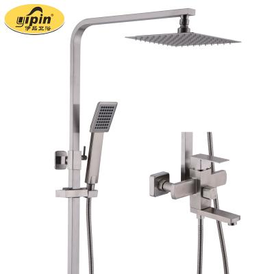 China Sliding Bar Kaiping Sus 304 Stainless Steel Brushed Nickel Shower Faucet Head Sets Rainfall Bathroom Hotel Shower Water System Mixer Set for sale