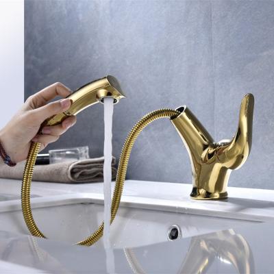 China Modern Single Lever Silver Brass Faucet Metered Gold Bathroom Sink Faucets Pull Down Sprayer Sink Mixer Tap for sale