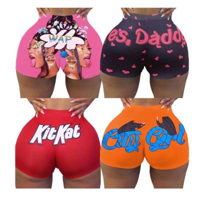 China Wholesale B2299 QUICK DRY Printed Wap Stretchy Booty To Lick Me Yes Daddy's Slippersy Sauce When Wet Snack Shorts Women for sale