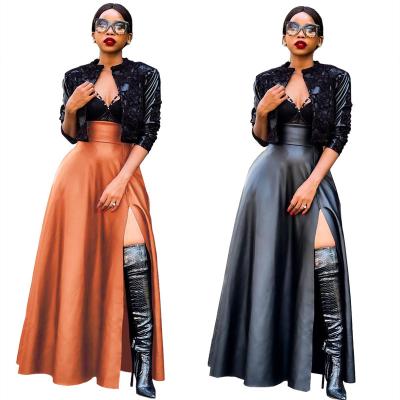 China Wholesale Hot Selling Sexy Irregular Breathable Black Brown Girls Split Long PU Faux Leather Skirt For Women for sale