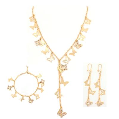 China Dubai High Quality Gold Fashion Jewelry Set Long Necklace Crystal Part Set For Women Simple Design Ring And Bracelet African Jewelry for sale