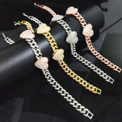 China European and American Hip Hop Hip Hop Iced Out Heart Shaped Shiny Cuban Chain Bracelet Cute Zircon 2 Beads Anklet Necklace for sale