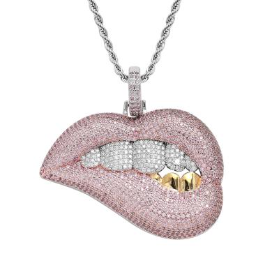 China 2022 Hip Hop Jewelry Gold Plated Bite Lip Pendant Necklace Iced Out Pink Diamond Lips Pendant Necklace For Men Jewelry for sale