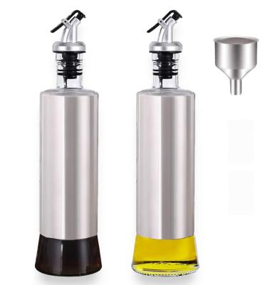 China Viable Olive Oil Bottle Pouring Spouts Vinegar Sauce Stainless Steel Glass Cooking Wine Dispenser Set With Stickers And Funnels for sale