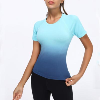 China 2021 Summer Sports Fitness Wear Breathable Colorful Gradient Short Sleeve T-shirt Top Fit Women for sale