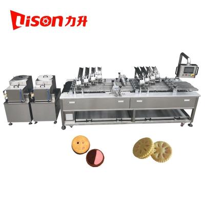 China Snack Factory Four Lane Two Color Cream Or Fruit Jam Filling Cookie Sandwich Machine With Conveyor for sale