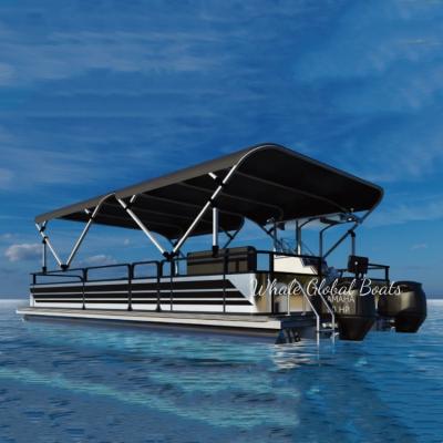 China Large Aluminum Transport Pontoon Deck With FRP Console And Luxury Bimini Top for sale