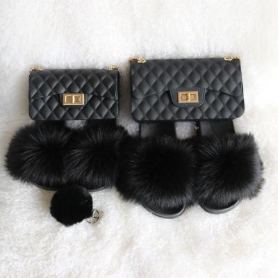 China Fashion Trend Curlyfur Black Color Shoes Purse For Mom And Girls Kids Fluffy Fur Slides With Purse Set for sale