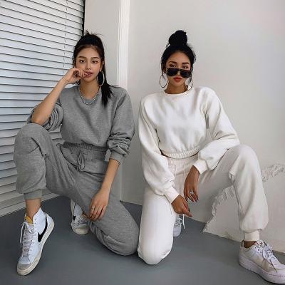 China Autumn Sportswear Breathable Crop Top Hoodie Comfortable Cotton 2 Piece Set With Pocket For Women Long Sleeve Casual Two Piece Set Women Clothing for sale