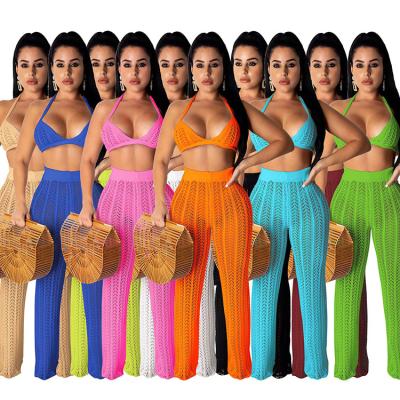 China Breathable Summer Women Two Piece Clothing See Through Exit Hook Beach Wear Bikini Hollow Cover Up Pants Set Sexy Bra Pants Set For Women for sale