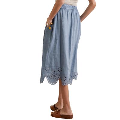 China 2021 New Faldas Anti-Static Mid Length Skirt Female Scallop Embroidery Summer Hollow Out Cotton Side Skirt Women High Waist Canvas Skirt for sale