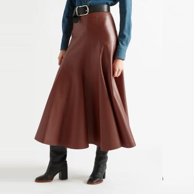 China Jupe Cuir Femme Autumn Elegant High Waist Slim Anti-Static Vintage Pleated PU Leather Mid Length Ladies Casual Skirt A Line for sale