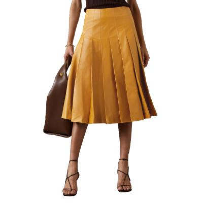 China 2021 Latest Style Anti-Static Mid-Length Custom Women Skirts Skirt Lady High Waist Faux Leather Pleated Mid-Length Skirt for sale