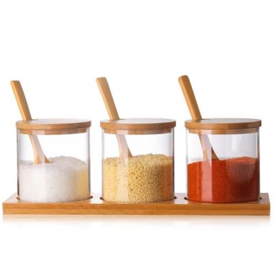 China Gift & Kitchen High Storage Craft Borosilicate Glass Spice Jar Sets With Lid And Bamboo Spoon for sale