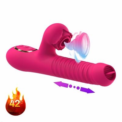 China Silicone Rechargeable Vibrator Female Masturbator Pumping Telescopic Tongue Licking Rose Strong Sucking Clitoris Stimulation Heating Female Vibrator for sale