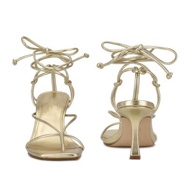 China Fashion Waterproof Golden High Heel Square Toe Strap Medium Women Sandals for sale