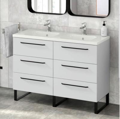 China Contemporary Luxury White Ceramic Double Basin Wood Collected Drawer Bathroom Cabinets for sale