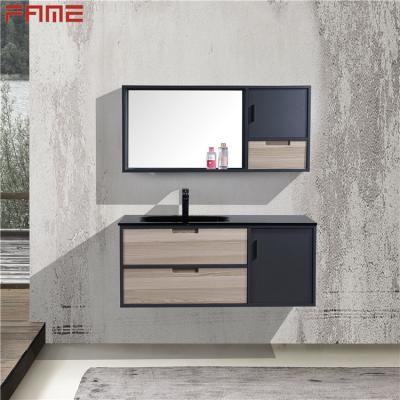 China Modern modern MDF cabinet with PVC liner and melamine, black glass basin and mirrored cabinet for sale