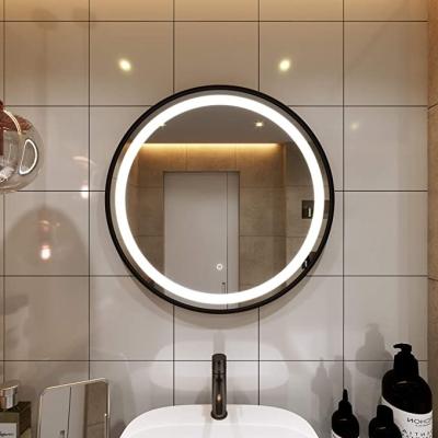 China Modern Wall Hung Black Frame Led Light Bright Bathroom Smart Mirror With Touch Screen for sale