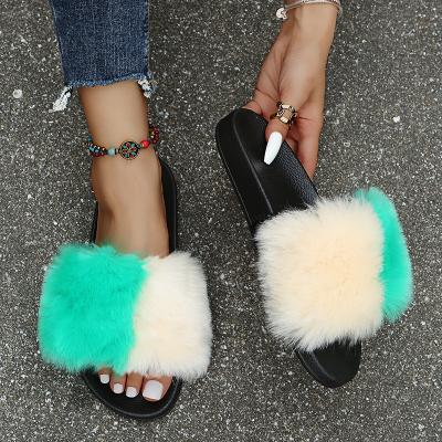 China New Arrival Amazon Fashion Trend Flip Flops Color Fur Indoor Slippers Woolen Home Thick Bottom Slippers for sale