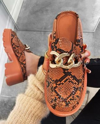 China Fashion Trend Metal Chain Slippers Large Size Main Round Thick Snake Pattern Thick Winter Autumn Winter Heel Leather Slippers for sale