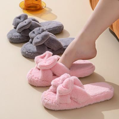 China 2021 Fashion Trend Faux Fur Fluffy Slippers Fashion Design Bowknot Plush Women Ladies Sandals Indoor Outdoor Shoes for sale