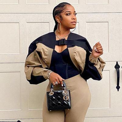 China fashionable Anti-wrinkle Streetwear patchwork bomber jacket for ladies puff sleeve pleated 2022 trends coat women for sale