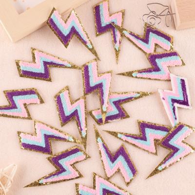 China High Quality 3D Chenille Glitter Letters Patches Iron On Colorful Lightning Patches Embroidery Patches Accessories Label for sale