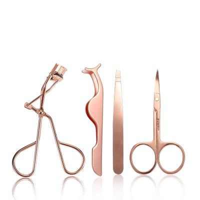 China 4Pcs Rose Golden Eyelashes Tool Fake Lash Applicator Eyebrow Scissors Eyelash Applicator Eyelash Curler Kit for sale