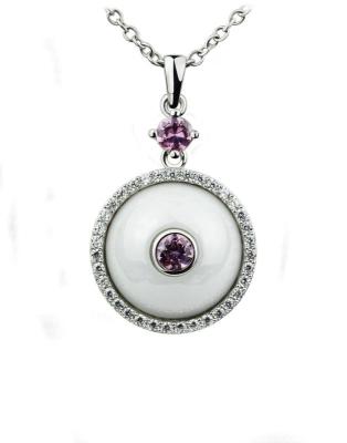 China Ladies White Ceramic Silver Necklace With Pink Main Stone , Silver Pendant Necklace CSP0613 for sale