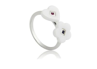 China 925 Silver Ring With White Heart And Flower Ceramic , AAA CZ OEM & ODM CSR0833 for sale