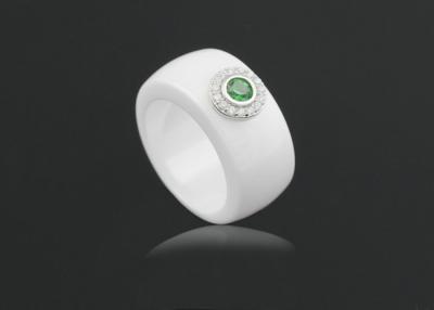 China Lady Wide White Ceramic Silver Ring Green CZ , Ultra Wear Resistant CSR0611-green for sale