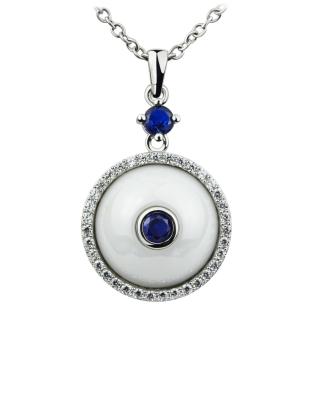 China Round Blue Main Stone Ceramic Silver Necklace With 925 Sterling Silver , White CSP0613-2 for sale