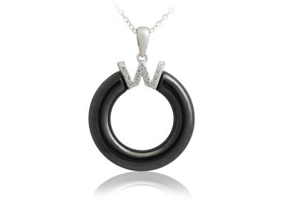 China Black Circle Silver Ceramic Pendants W With White Cubic Zirconia , 925 Silver CSP0455 for sale