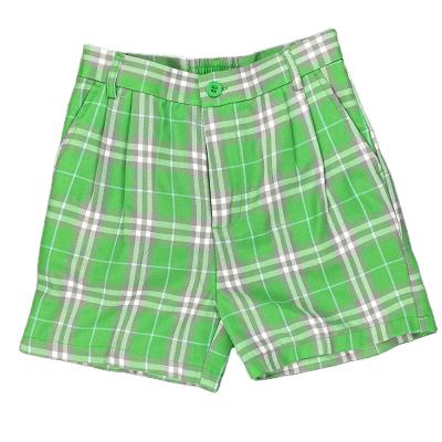 China Boys School Uniform Anti-Shrink Adjustable Waist Below Knee Shorts Green Plaid Flat Chino Pants for sale