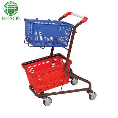 China Double Unfolding Supermarket Trolley Food Cart With Double Baskets for sale