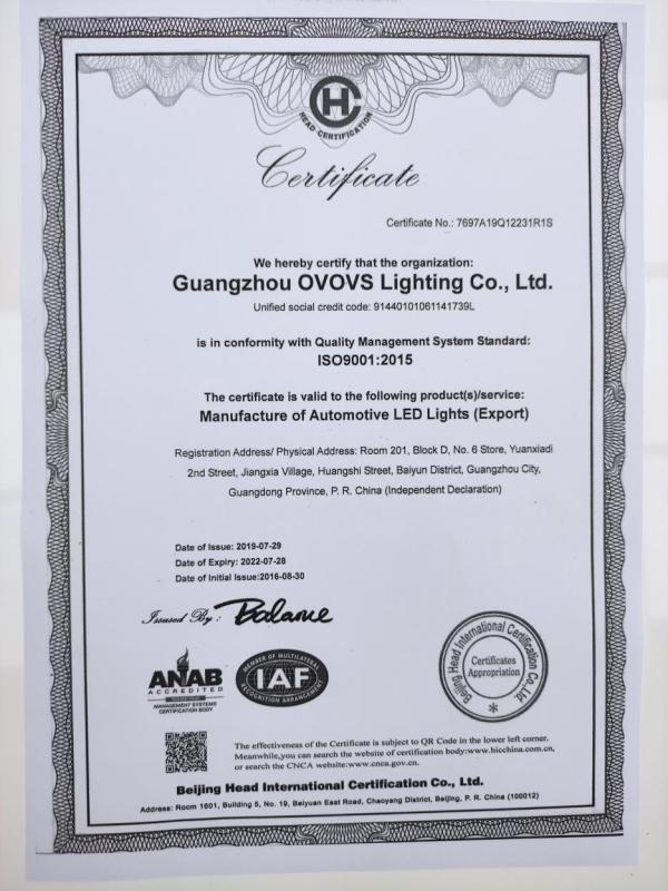 ISO9001 - Guangzhou Ovovs Lighting Co., Ltd.