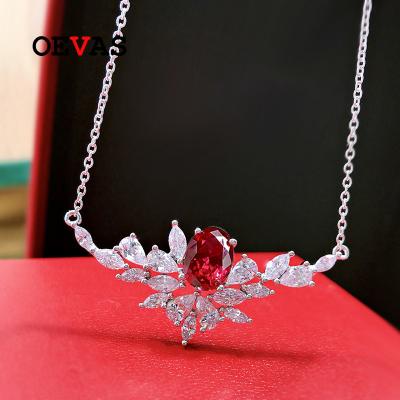 China OEVAS Jewelry 925 Sterling Silver Synthetic Ruby Ice Graceful Fine Flower Cut Pendant Necklace For Women for sale