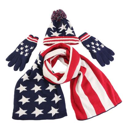 China Medium Winter Knitted Warm Scarf Gloves Hat Set 4th of July American Flag Pattern Winter Hat Scarf Glove Set for sale